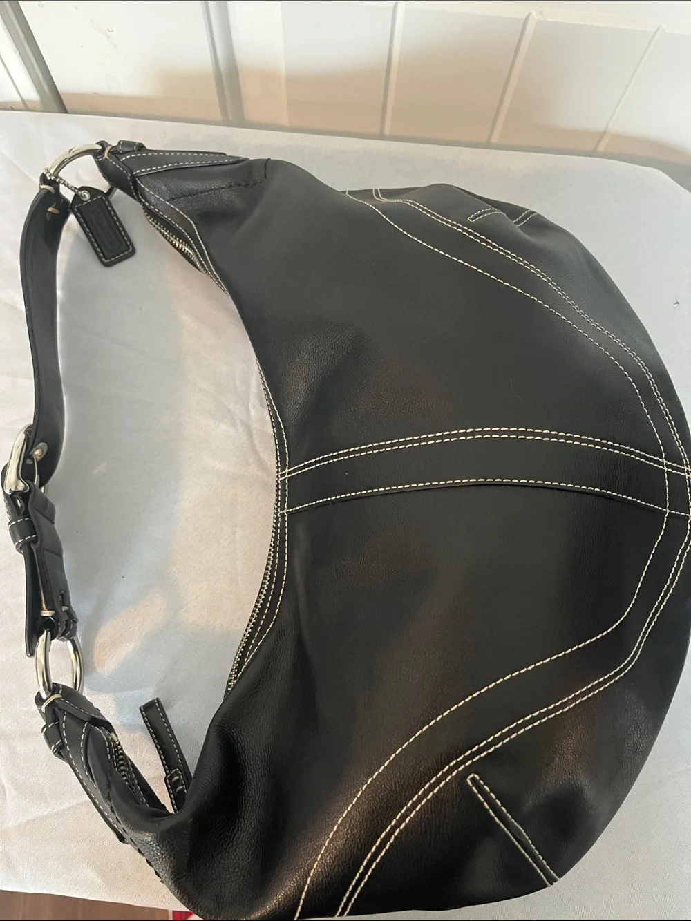 Coach Black Leather Hobo with White Contrast Stitching